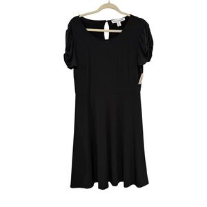 NWT Amazon Essentials L Black Puff Sleeve Fit Flare Dress Stretch Knit